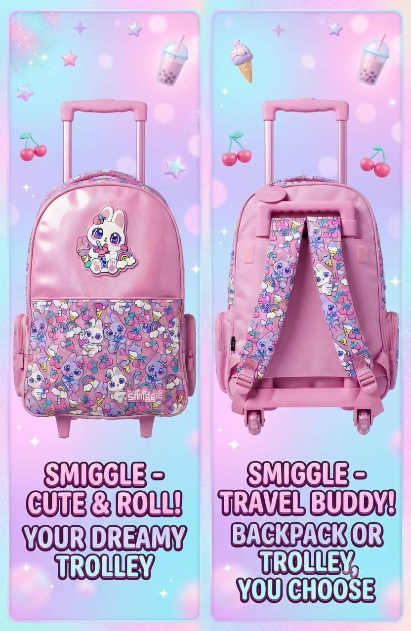 Original Smiggle 18-Inch Personalized Trolley Backpack with custom name personalization, spacious storage compartments, retractable trolley handle, smooth-rolling wheels, and adjustable shoulder straps for school and travel.