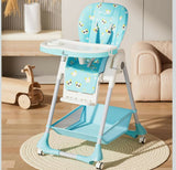 Blue and white high chair with cartoon design