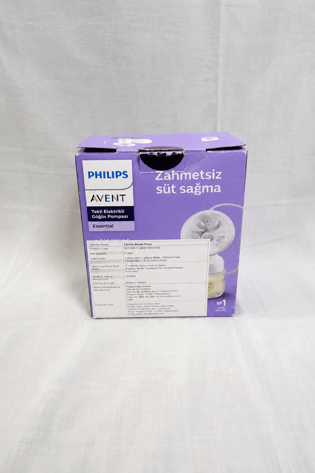 Philips Avent SCF395/11 Single Electric Breast Pump with USB power, BPA-free components, adjustable suction settings, soft silicone cushion, and compact design. Brand new and factory sealed.