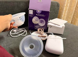 Philips Avent wearable hands-free breast pump with a discreet in-bra design, adjustable expression settings, soft silicone breast shield, and rechargeable operation for convenient pumping.