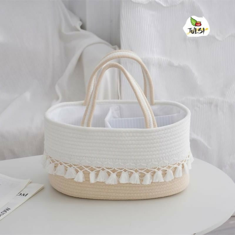 Baby diaper caddy bag with multiple storage compartments, cute design, organized sections, sturdy handles, and convenient storage for diapers, wipes, bottles, and baby essentials.