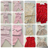 Collage of baby clothing items including pink and red outfits on a neutral background.