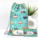 Drawstring bag with vehicle pattern and matching pouch on a white background