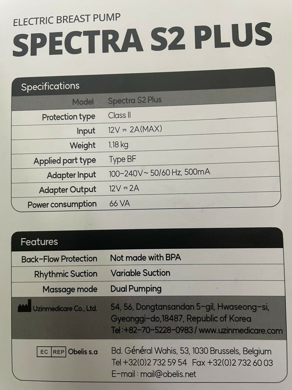 Spectra S2 Plus electric breast pump specifications label