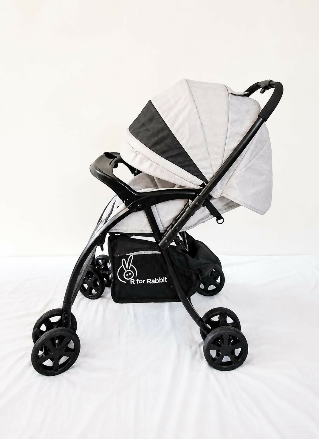 R FOR RABBIT Sugar Pop Baby Stroller/Pram in Grey, available in Chennai, Tamil Nadu, featuring a reversible handle, reclining seat, protective canopy, safety harness, and practical design for everyday outings.