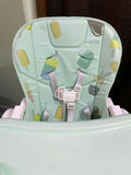 R for Rabbit Marshmallows high chair with adjustable seating, feeding tray, secure safety harness, sturdy frame, and comfortable support for babies during mealtimes.
