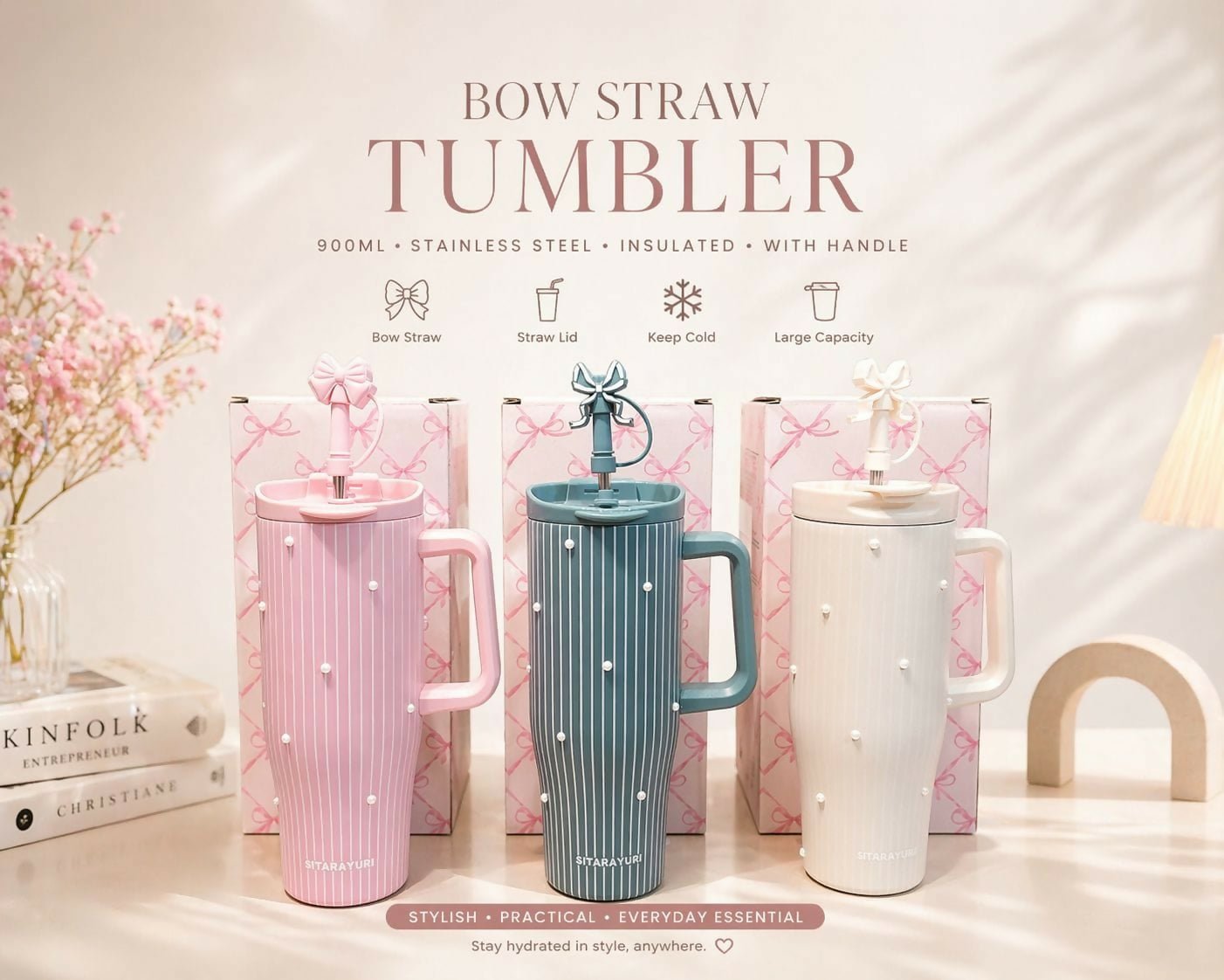 SITARAYURI Premium Insulated Tumbler (900 ml) with double-wall stainless steel insulation, spill-resistant lid, reusable straw, ergonomic handle, and large capacity to keep beverages hot or cold for hours.