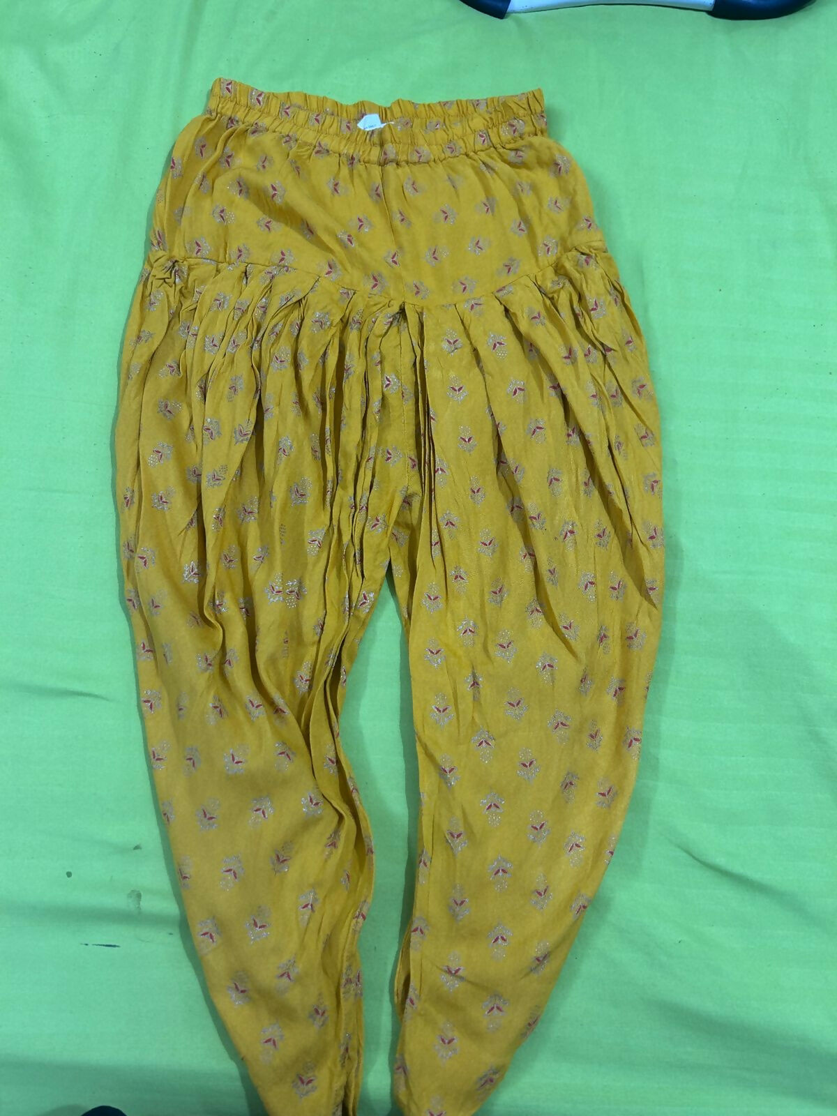 Saka Designs By Sapna Half Sleeves Floral Motif Foil Printed & Lace Embellished Top Dhoti And Dupatta Set - Red & Mustard Yellow