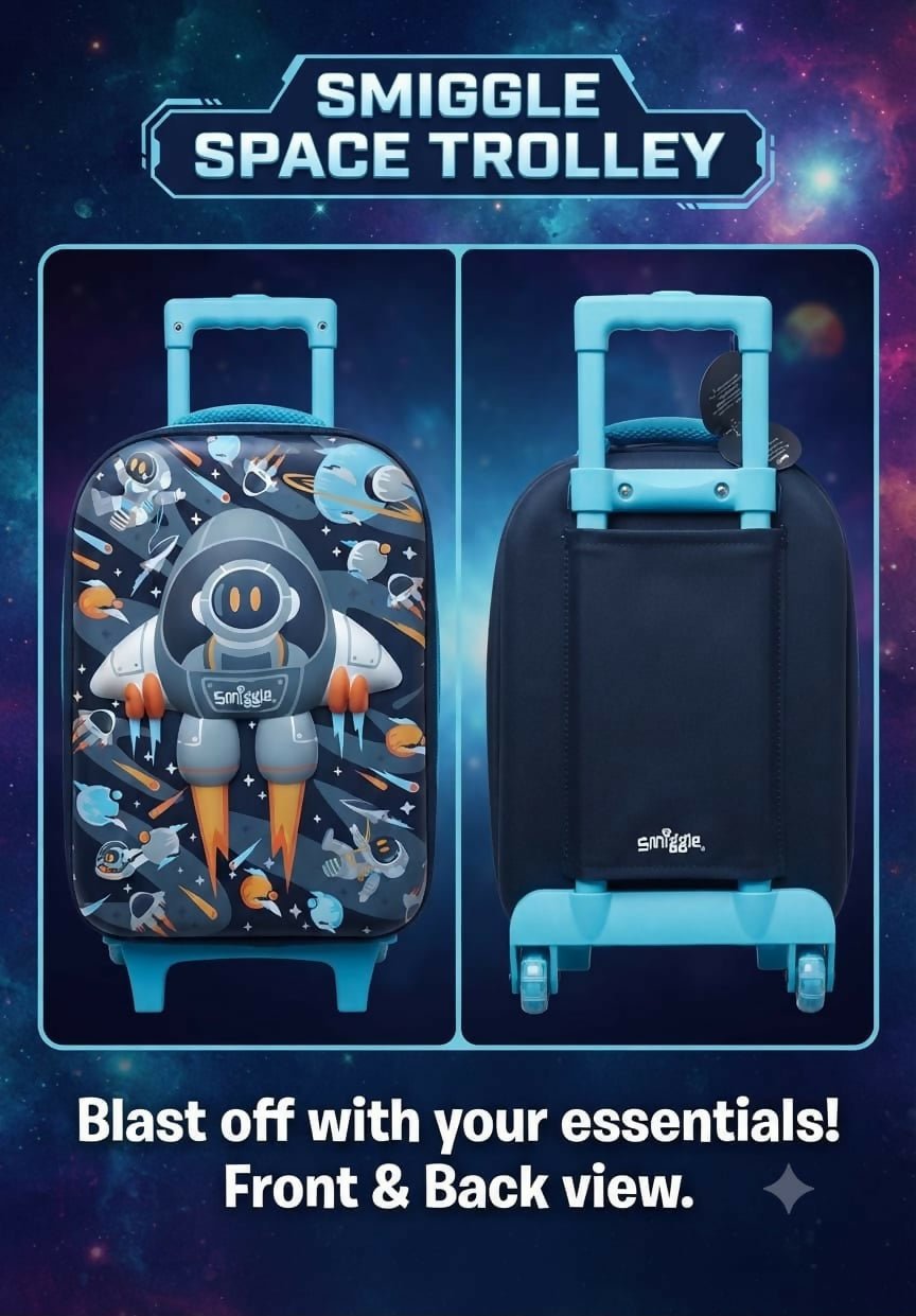 Original Smiggle 14-Inch Personalized Trolley Backpack with custom name personalization, retractable trolley handle, smooth wheels, spacious compartments, and adjustable shoulder straps for school and travel.