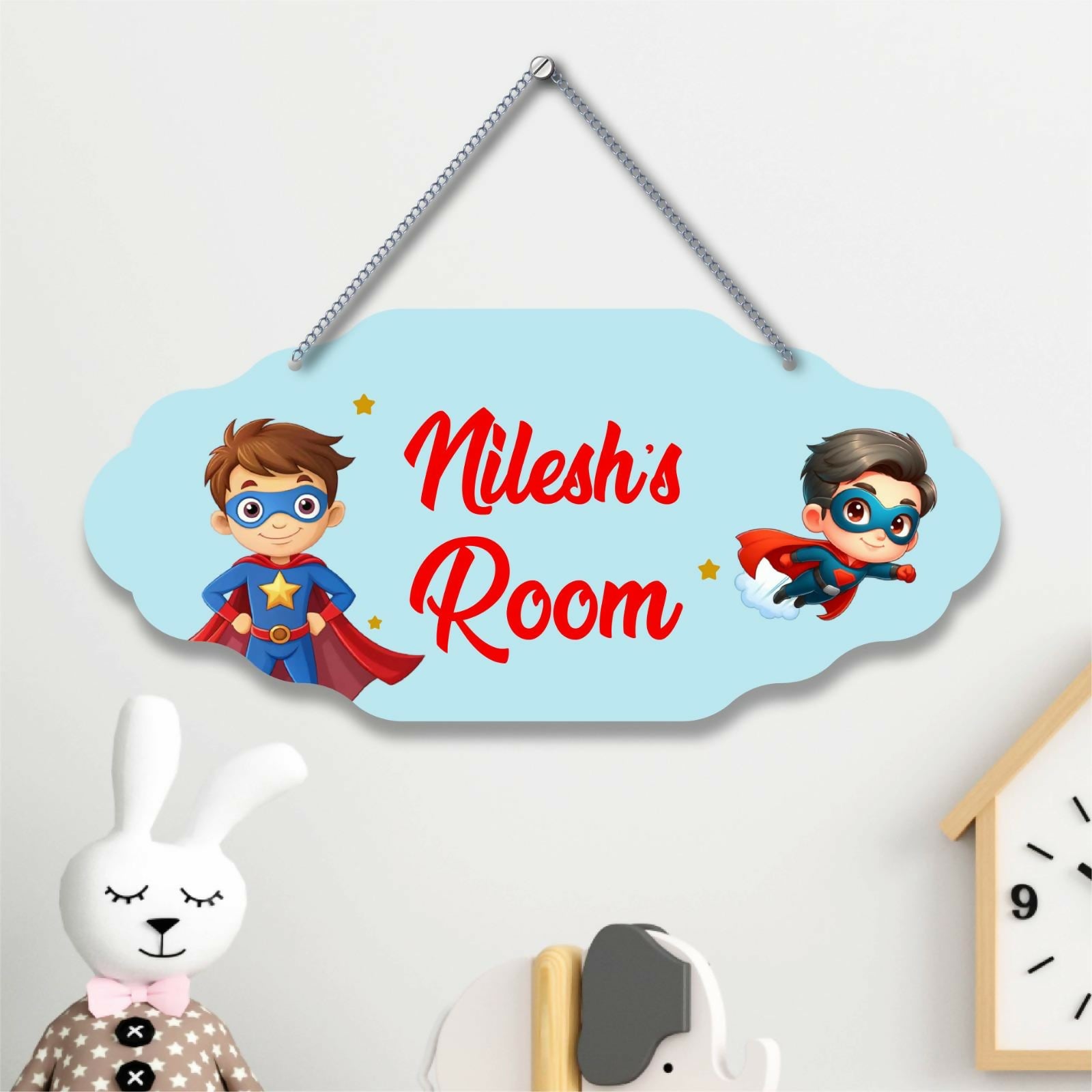 Children's room door sign with cartoon superhero characters