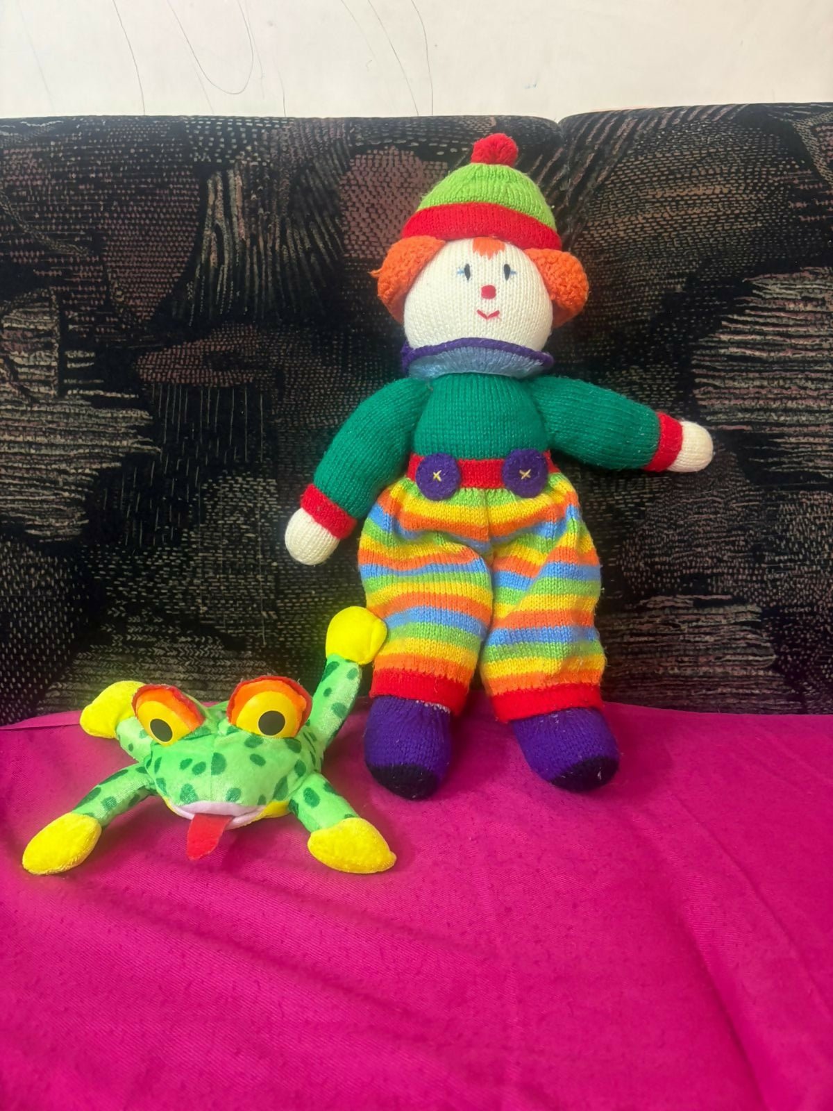 Soft toy combo featuring a frog and joker plush toy with soft cuddly fabric, colorful designs, and child-friendly construction for playtime, gifting, and comfort.