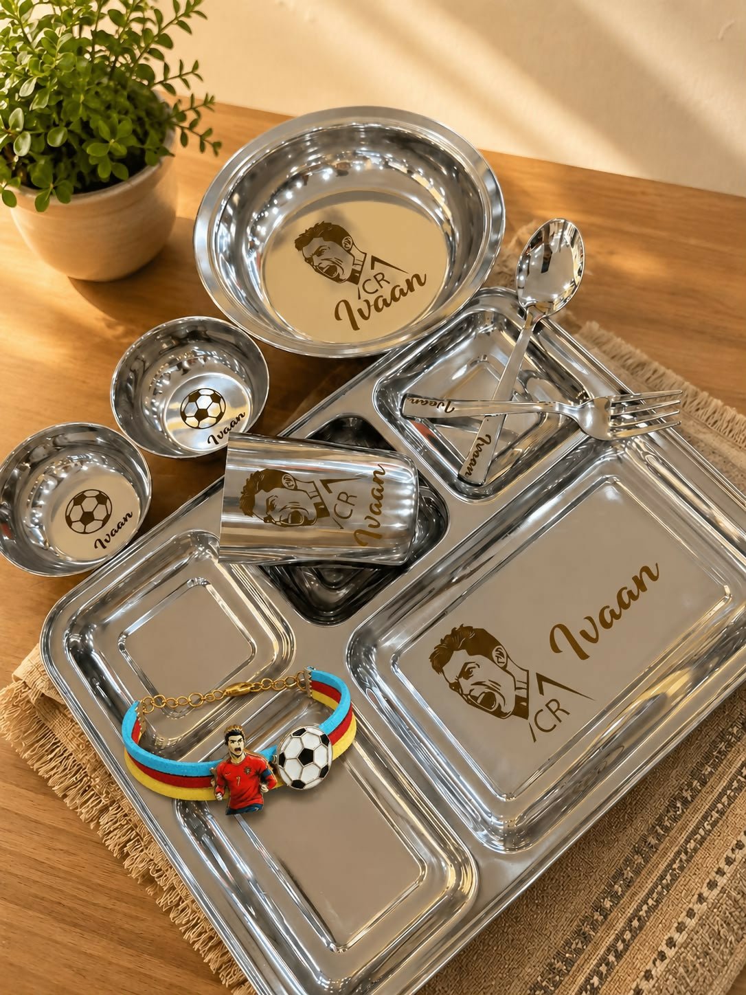 Personalized Stainless Steel Thali Set with custom name engraving, premium food-grade stainless steel, durable rust-resistant finish, and matching dining essentials for everyday meals and thoughtful gifting.