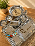 Personalized Stainless Steel Thali Set with custom name engraving, premium food-grade stainless steel, durable rust-resistant finish, and matching dining essentials for everyday meals and thoughtful gifting.