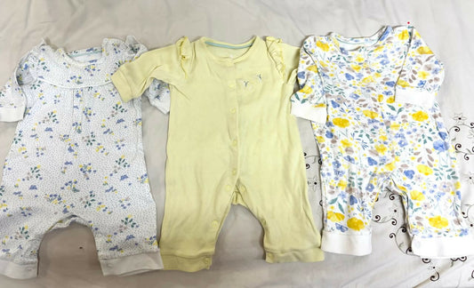 MOTHERCARE baby romper set – 3 pure cotton rompers in assorted prints, 3 months.
