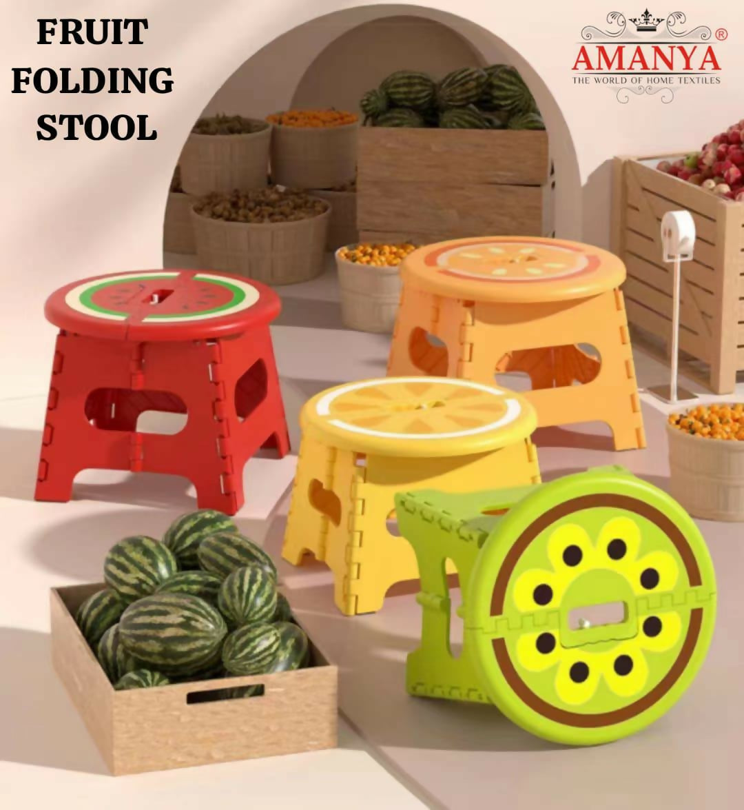 Fruit-themed folding stools.