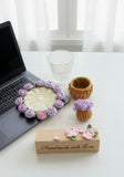 Crochet Rose Flower Coaster with Tiny Basket Set of 6