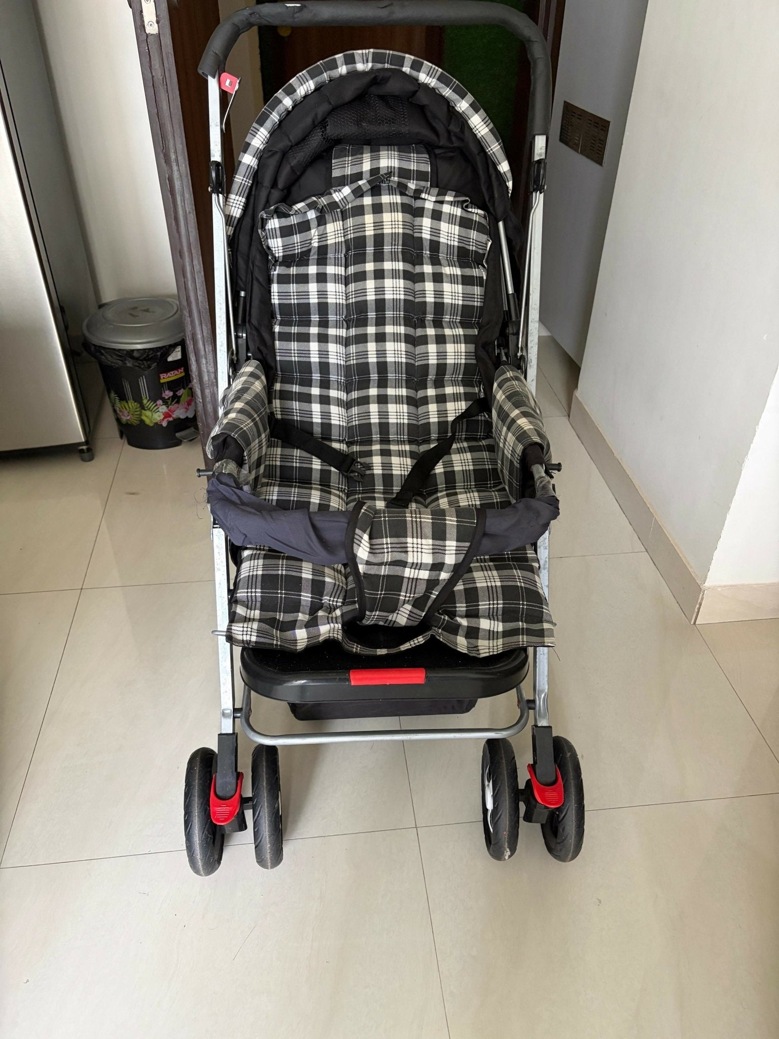Baby Stroller with a lightweight foldable frame, reclining seat, adjustable canopy, 5-point safety harness, smooth wheels, and spacious storage basket for safe and comfortable everyday travel.