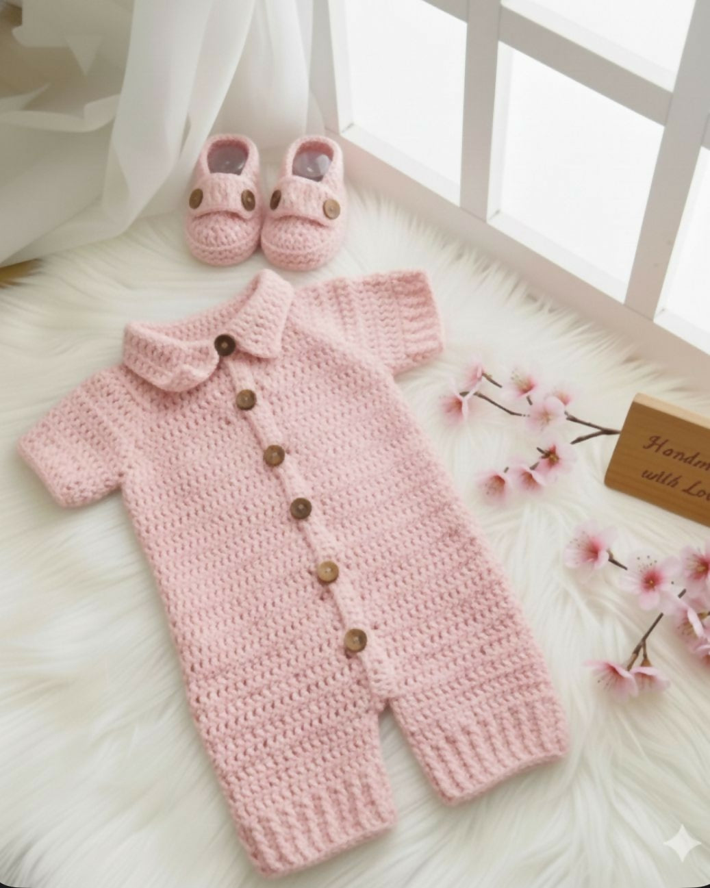 Pink crocheted baby outfit with shoes