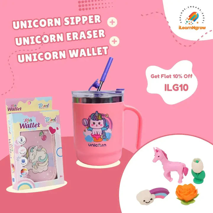 ILEARNGROW Unicorn Sipper + Unicorn Eraser + Unicorn Wallet