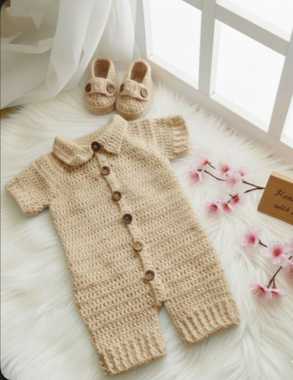 Handmade crochet baby romper with buttons and matching shoes
