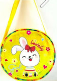 Yellow children's bag with a cartoon rabbit design on a white background