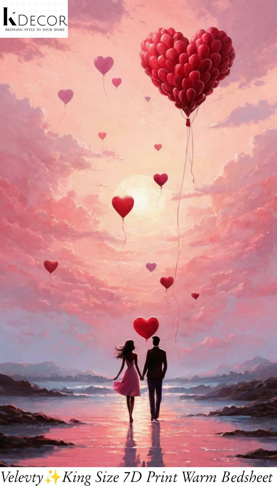Heart-shaped balloons floating above a couple walking on a beach with a pink sky bedsheet.