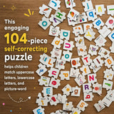 Wooden Alphabet Puzzle for kids featuring colourful letter pieces designed to encourage alphabet recognition, matching, fine motor skills, hand-eye coordination and early learning through interactive play.