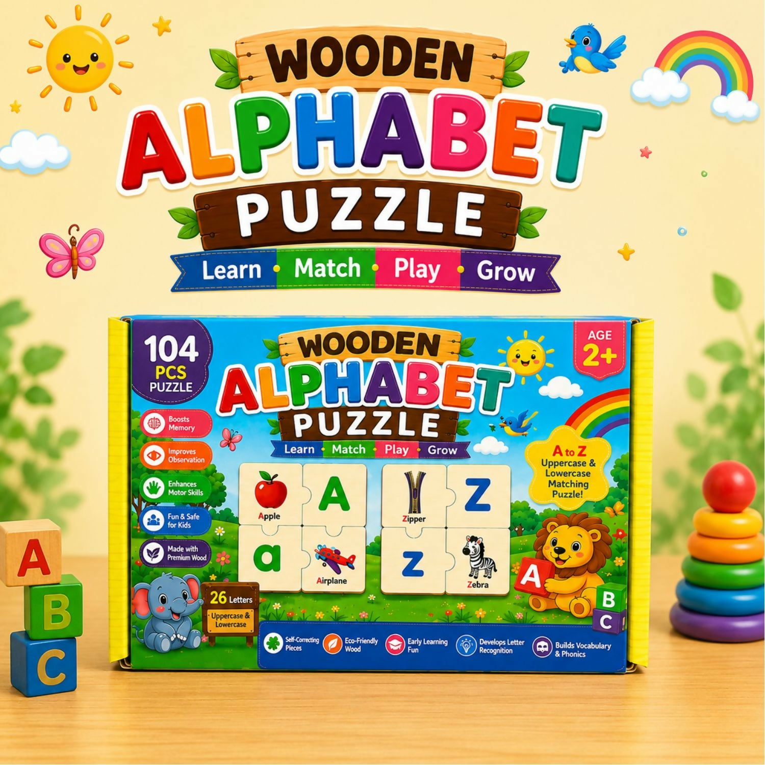 Wooden Alphabet Puzzle for kids featuring colourful letter pieces designed to encourage alphabet recognition, matching, fine motor skills, hand-eye coordination and early learning through interactive play.