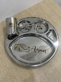 Custom engraved children’s steel dinner set with partition plate, spoon, fork, and tumbler, featuring name ‘Ayan’ with car illustration.