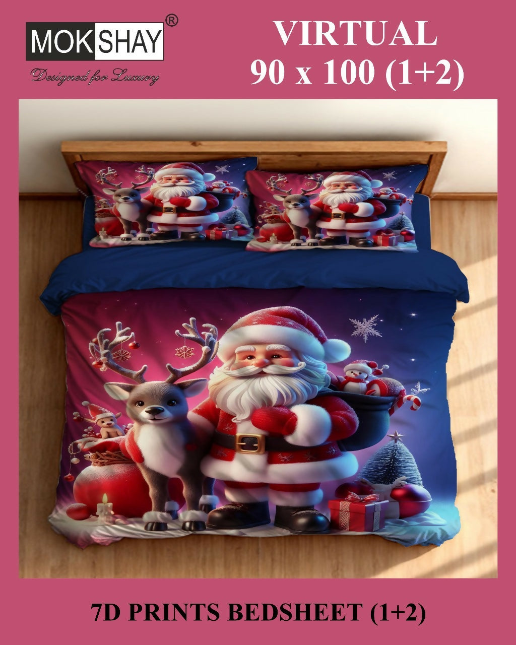 Christmas-themed bedsheet set with Santa Claus design on a bed.