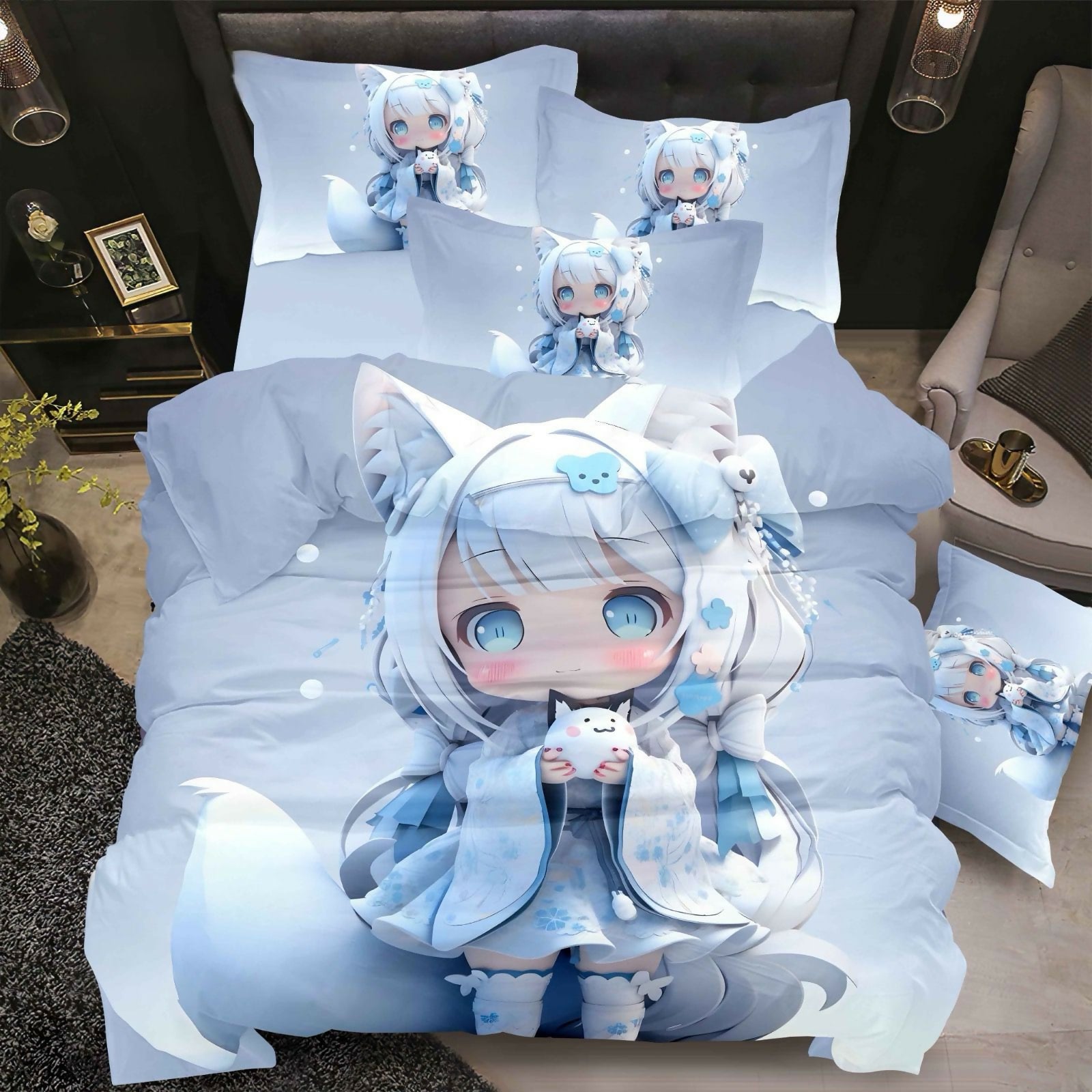Anime character bedding set with blue and white theme
