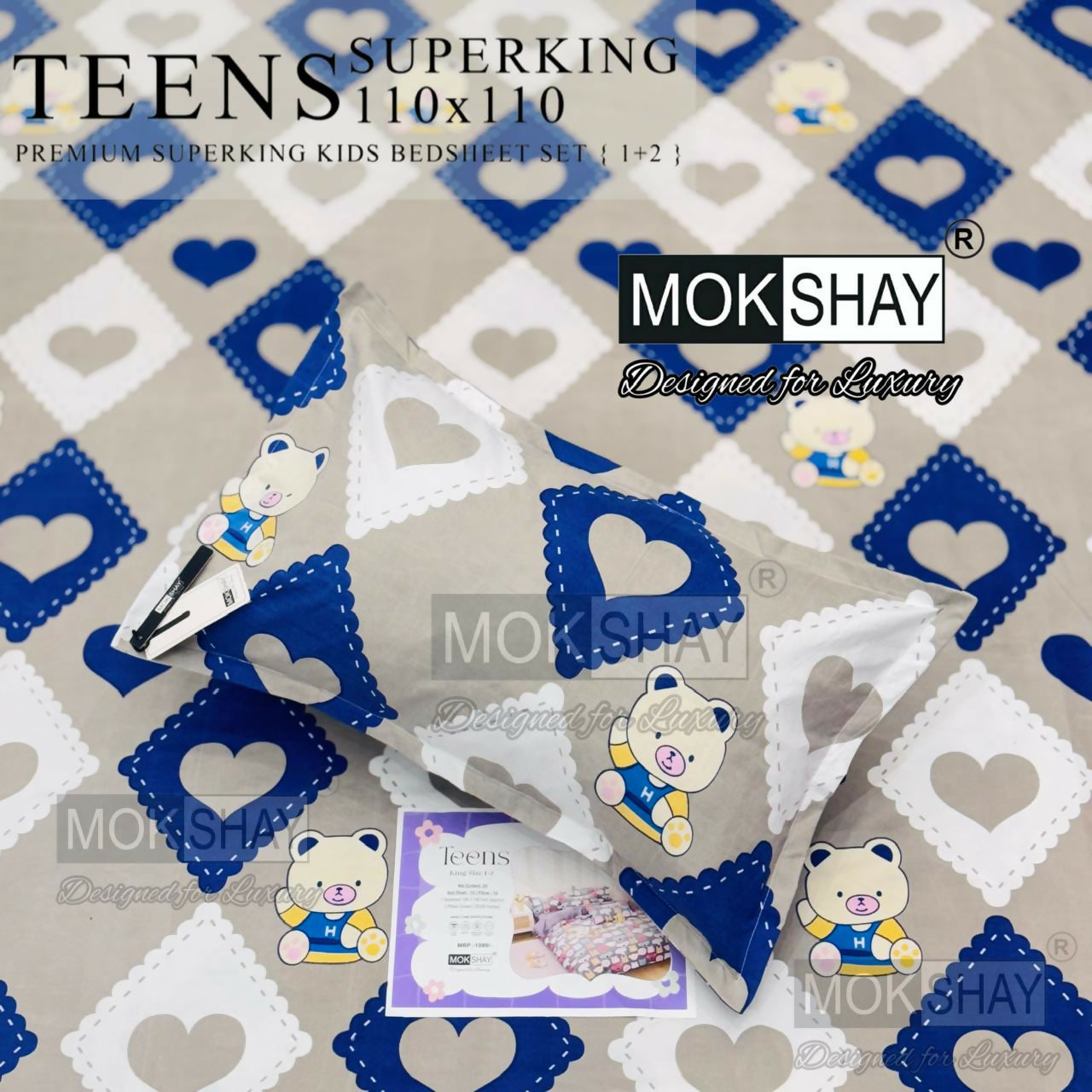 Mokshay Teens Superking kids bedsheet set with teddy bear design on a patterned background