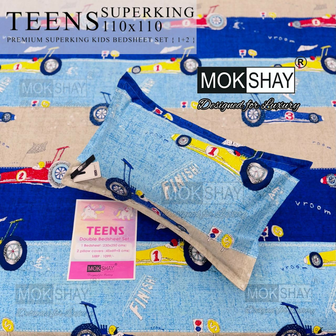 Children's bedsheet set with race car design featuring Mokshay branding.