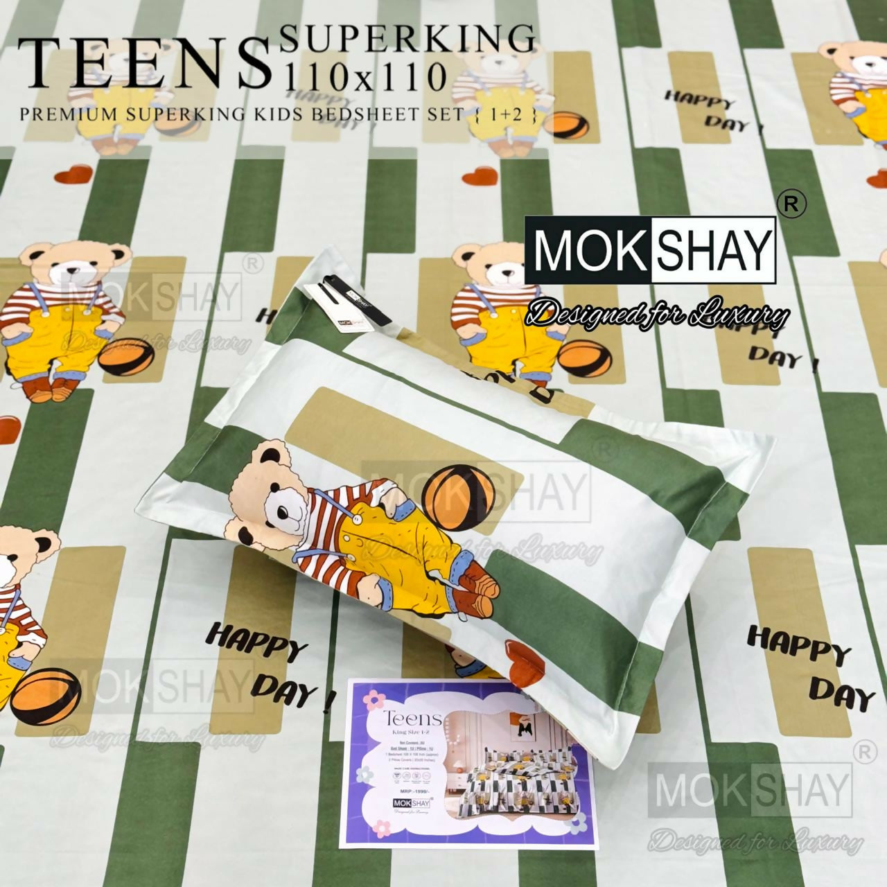Mokshay Teens Superking kids bedsheet set with teddy bear design on a checkered background
