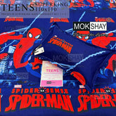 Spider-Man themed bedsheet set with visible branding on a blue background