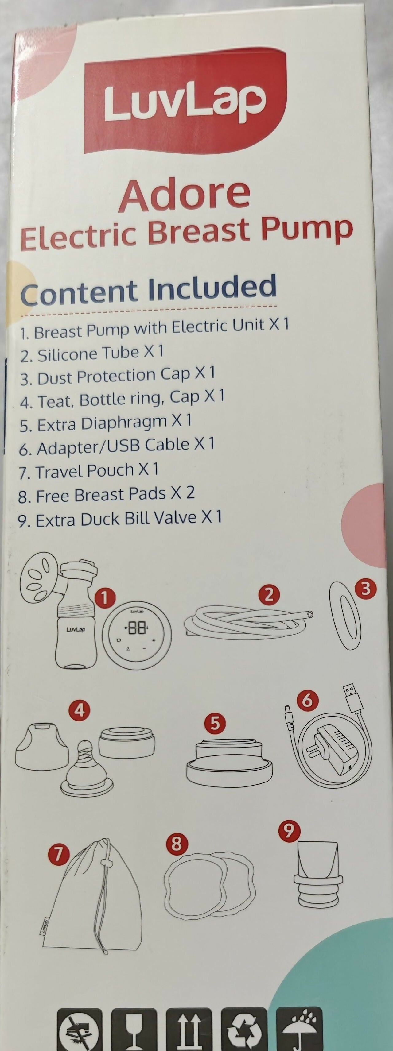 Luvlap Adore Electric Breast Pump packaging with list of included items and illustrations.