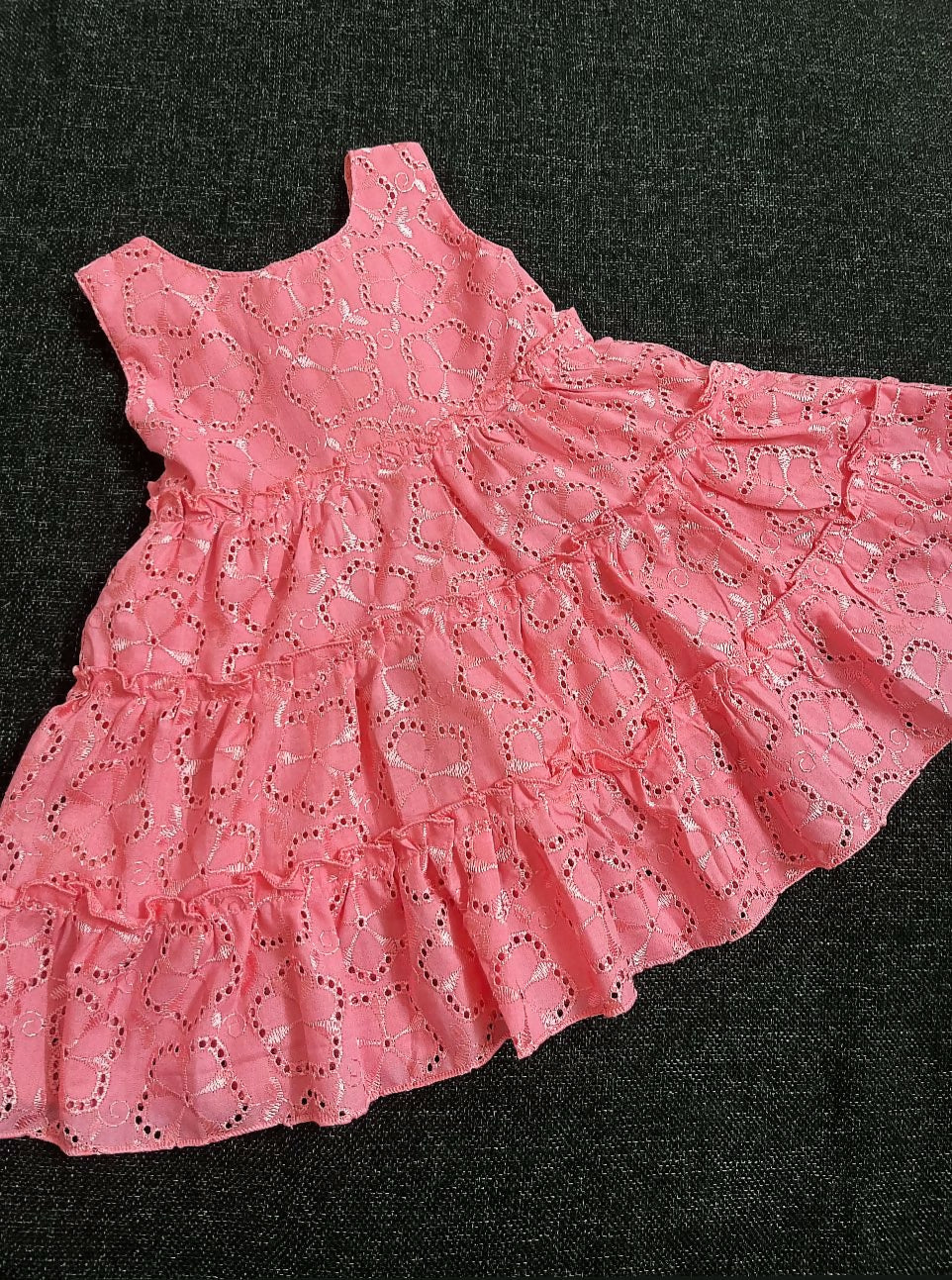 Girls' Pink Eyelet Lace Sleeveless Summer Dress, Tiered Ruffle Design
