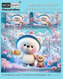 Teddy bear and teddy bear with a castle in the background, featuring MOKSHAY branding.