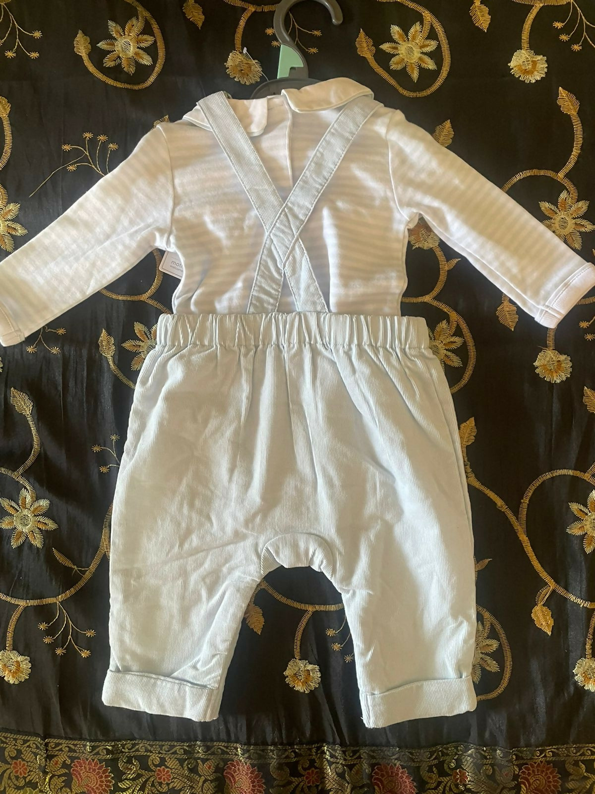 MOTHERCARE Full Sleeves White/Blue stripes Design Dungaree Set -White/Blue (Imported from Europe) - PyaraBaby