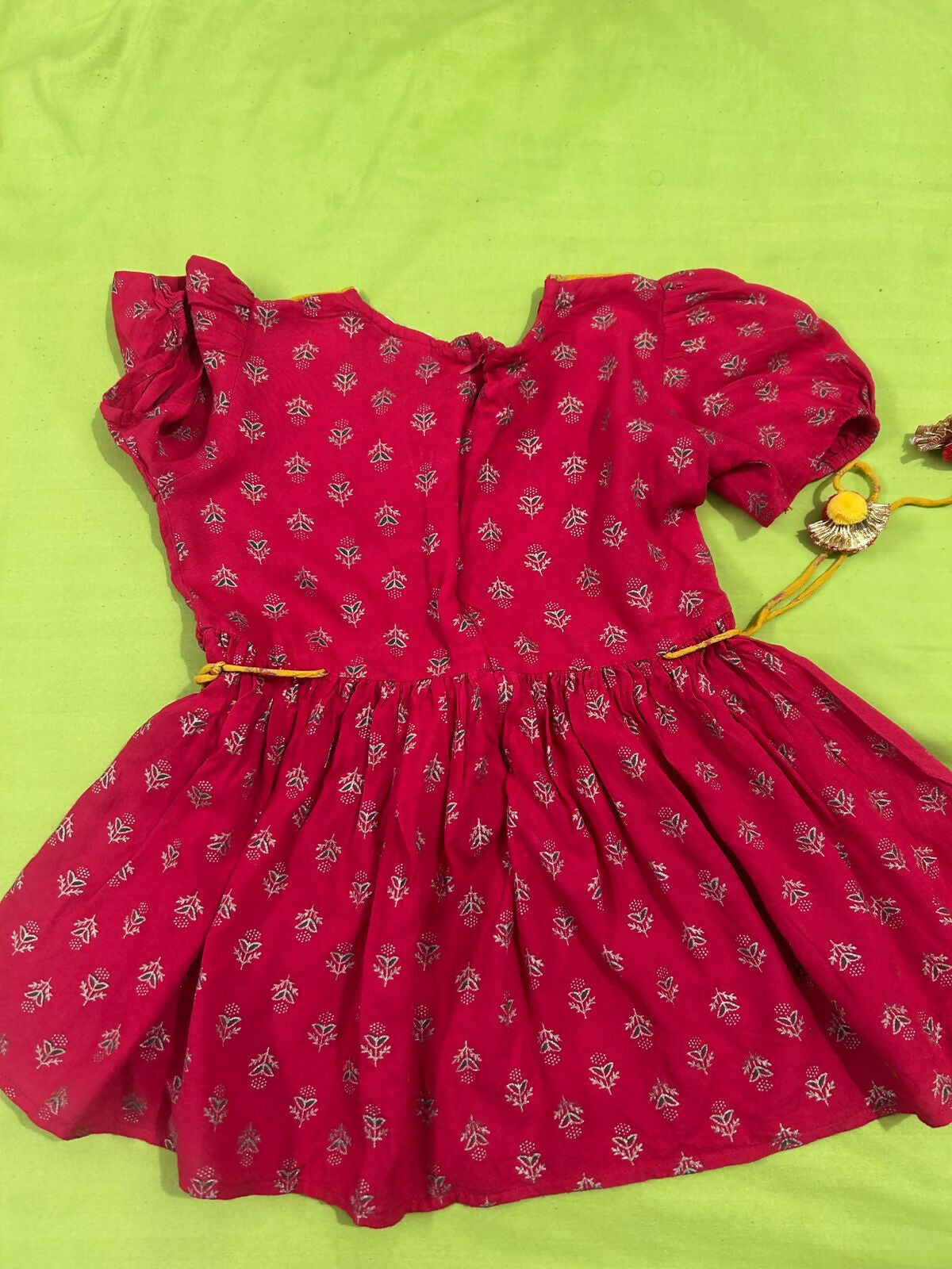 Saka Designs By Sapna Half Sleeves Floral Motif Foil Printed & Lace Embellished Top Dhoti And Dupatta Set - Red & Mustard Yellow