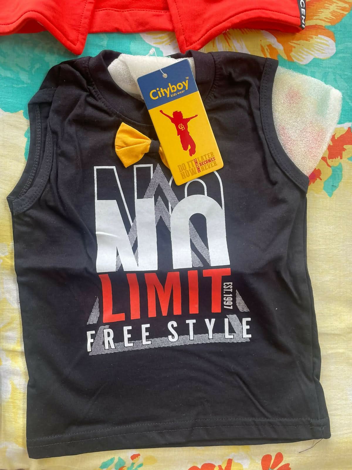CITYBOY Dress with Sleeveless TShirt (Black), Red cotton jacket (Half Sleeves) and Printed Nicker - PyaraBaby