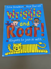 Children's book titled 'Wriggle and Roar!' with colorful text and illustrations