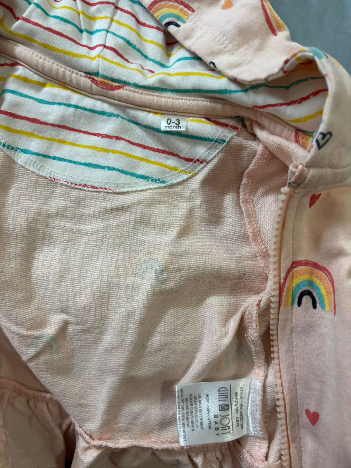 Buy GJ Baby Hooded Jacket & Lower Set – Soft and comfy rainbow print outfit with zipper and drawstring, perfect for cozy everyday wear.