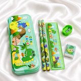 iLearnNGrow Dino Theme Stationery Rakhi Combo featuring a fun dinosaur pencil box set with a matching Dino Rakhi, combining useful stationery and festive fun for kids this Raksha Bandhan.