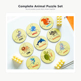 ILEARNNGROW 27 Piece Round Animal Puzzle for Kids featuring colorful animal illustrations, engaging puzzle play and a convenient tin storage box, encouraging problem-solving, hand-eye coordination and fine motor skills.