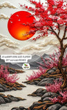Decorative design with cherry blossoms, a red sun, and mountains bedsheet
