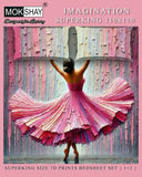 Mokshay Imagination Superking 110x110 bedsheet set with a woman in a colorful dress against a pink and gray striped background.