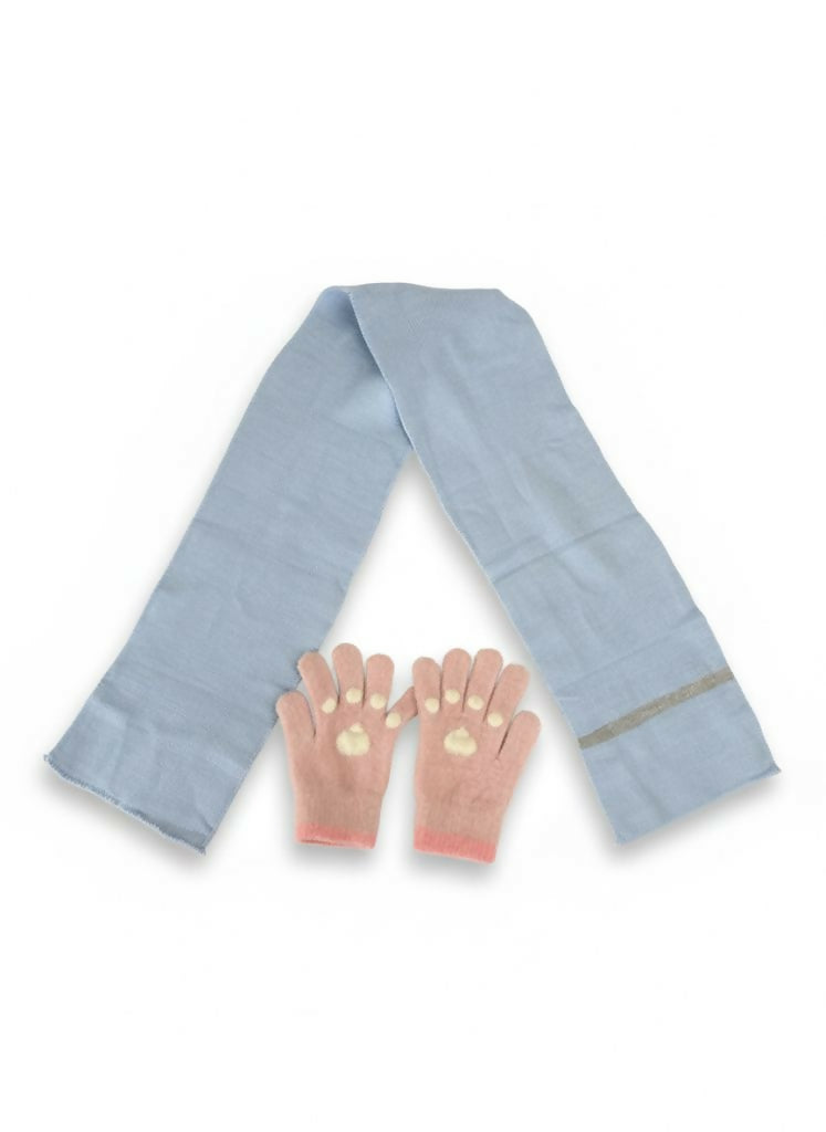 Light blue scarf and pink gloves with gold accents