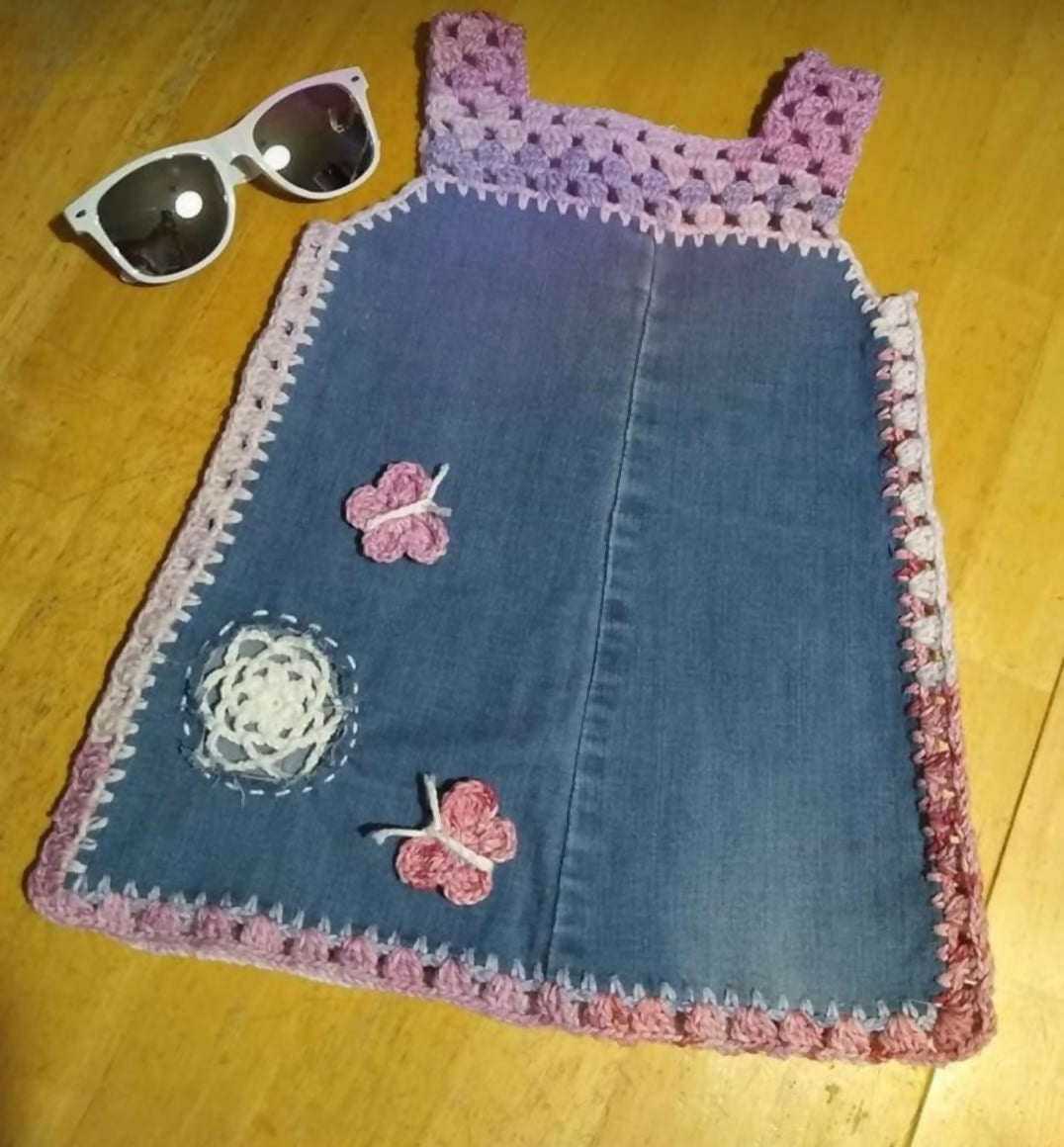 Crochet denim dress for kids – stylish, comfy, and beautifully handcrafted for your little star.