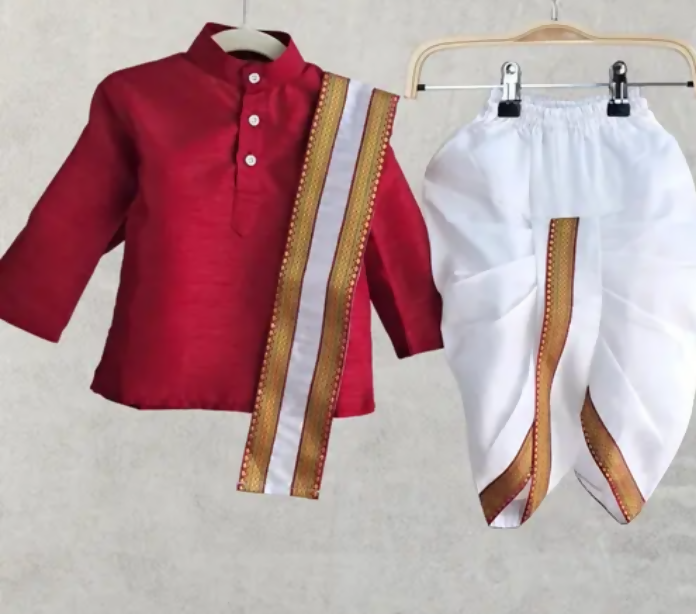 Red shirt with gold and white trim and white dhoti with gold border